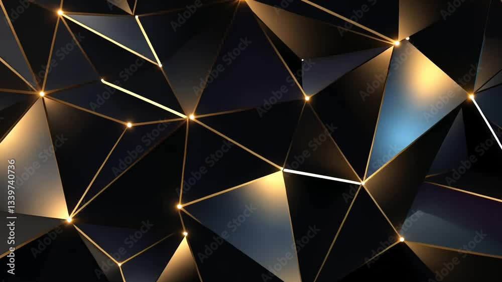 Abstract geometric background with dark triangles and golden highlights.  A complex 3D polygonal pattern in deep black and dark navy blue, accented with golden lines and glowing points
