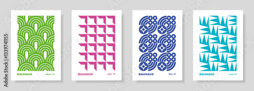 Abstract set with posters in retro bauhaus flat style. Vector illustration. Colorful designs with simple geometric shapes. Designs in retro style. Seamless pattern collection. 