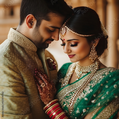 Elegant couple dressed in traditional attire, captured in tender moment, with soft expressions of love and intimacy, bride adorned in intricate green sari, jewelry glistening under soft lighting.