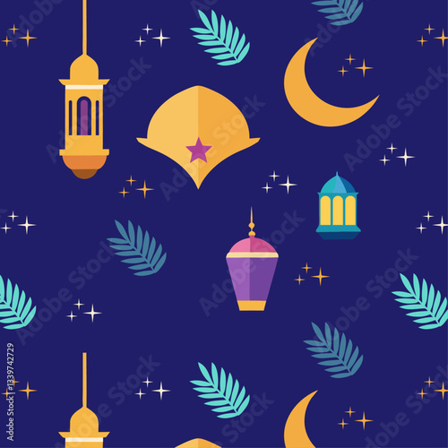 Ramadan-Themed Seamless Pattern with Lanterns, Crescent Moons, and Stars