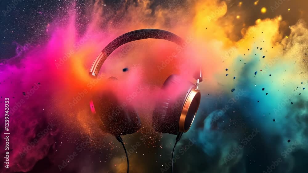 Colorful explosion of sound with headphones surrounded by vibrant dust particles in a dark background