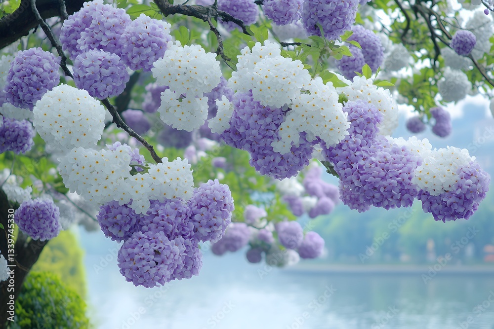 Beautiful purple and white flowers bloom by the water, selective focus