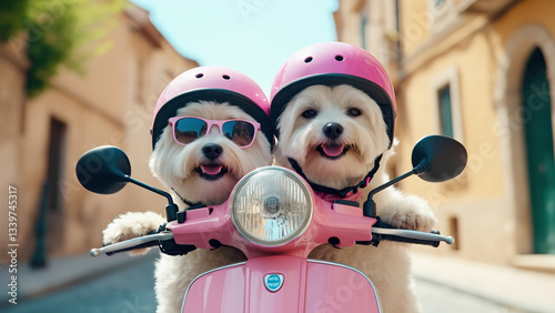 portrait, two dogs in helmets riding a pink moped