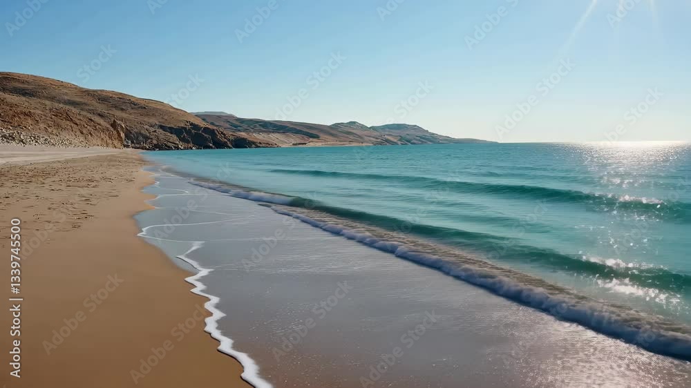 Golden sands extend along the coastline, as turquoise waves roll softly onto the beach, sparkling in the sunlight, creating a peaceful escape for nature lovers. Golden sands extend along the coastline, as turquoise waves roll softly onto the beach, sparkling in the sunlight, creating a peaceful escape for nature lovers.