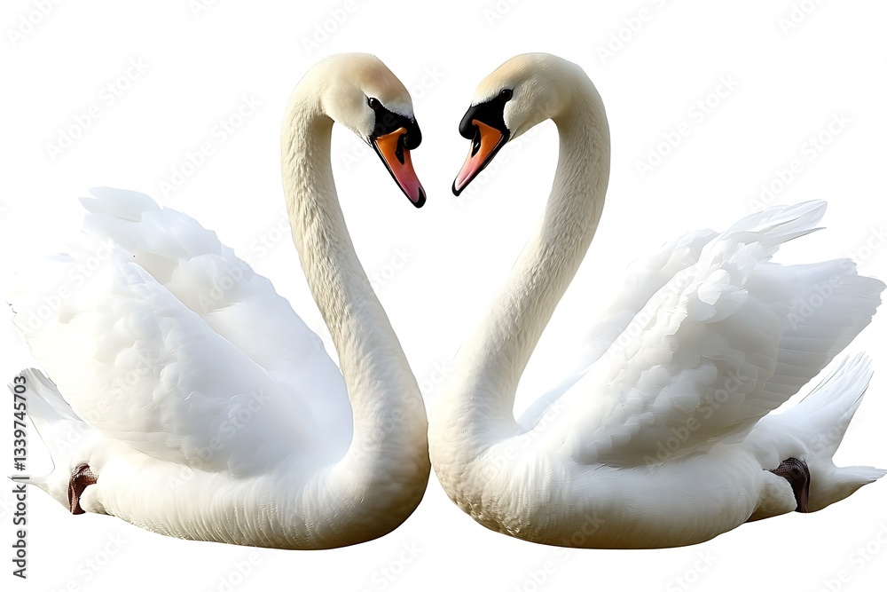 Obraz premium Swan pair forming a heart shape, romantic white background