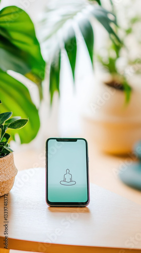 Guided meditation on smartphone display in relaxing indoor setting with plants photo