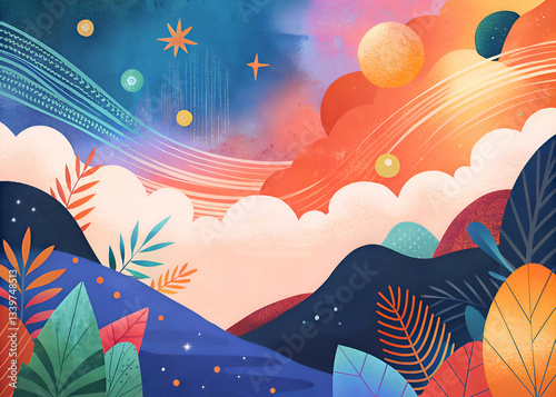 Colorful Abstract Landscape with Stars and Clouds.