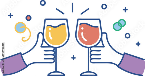 Vector simple minimal linear style illustration with cartoon hands holding wine glasses, celebration and party vibe, invitation design element, banner, template