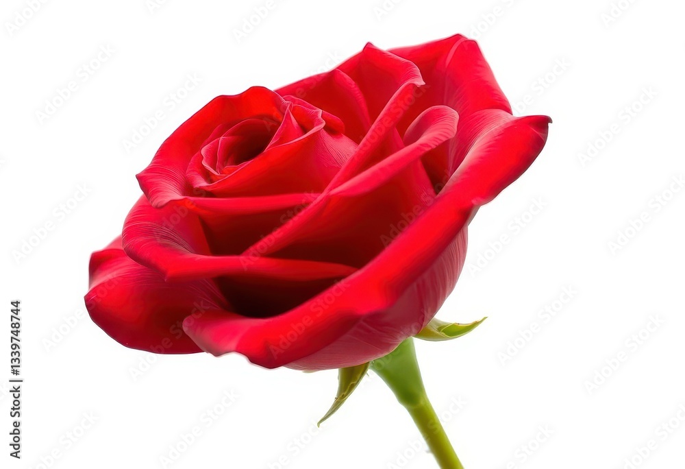 A single, velvety red rose, petals unfurled, isolated on pure white background, romance, macro photography A single, velvety red rose, petals unfurled, isolated on pure white background, romance, macro photography