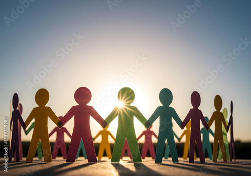 3D render, vivid colors, diverse group of paper cut-out figures holding hands, unity