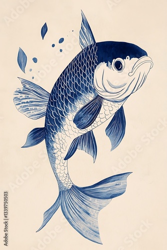 Whimsical fish design, minimalist with half blue fill, light-hearted art