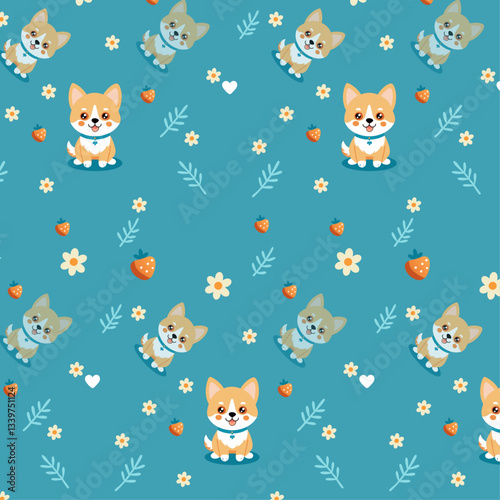 Whimsical Cartoon Corgis and Nature Elements on Teal Background