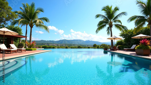 A resort pool sits still under the sun