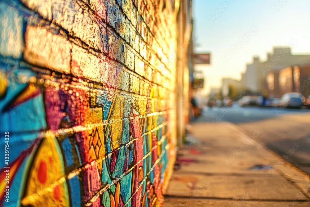 Obraz premium A vibrant brick wall adorned with colorful graffiti art, illuminated by warm sunlight, standing alongside a city street, offering a striking urban artistic backdrop.