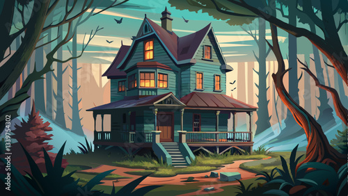 abandoned Victorian house with broken windows and a sagging porch sits eerily in the middle of a dense, foggy woodland