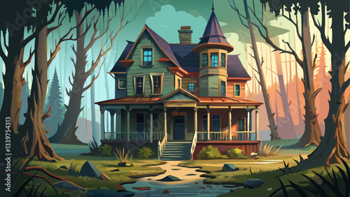 abandoned Victorian house with broken windows and a sagging porch sits eerily in the middle of a dense, foggy woodland