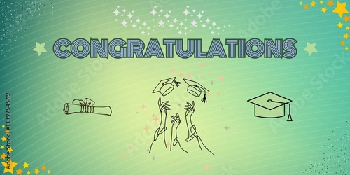 Cute Congratulations Banner Background on Green. Graduate Concept Banner Vector. Congratulate, College, Master, Anniversary, Honor, Icon