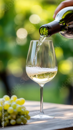 Pouring riesling wine in glass outdoors for refreshing summer enjoyment