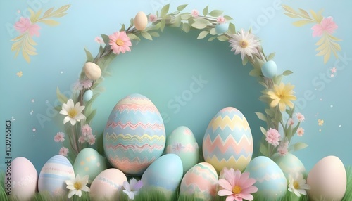 Easter eggs and flowers background 3D style with empty copyspace