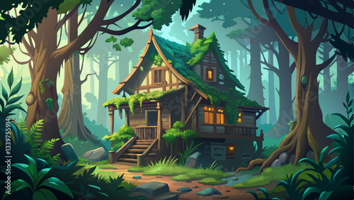decaying wooden house stands deep in a misty forest, covered in ivy and surrounded by towering ancient trees
