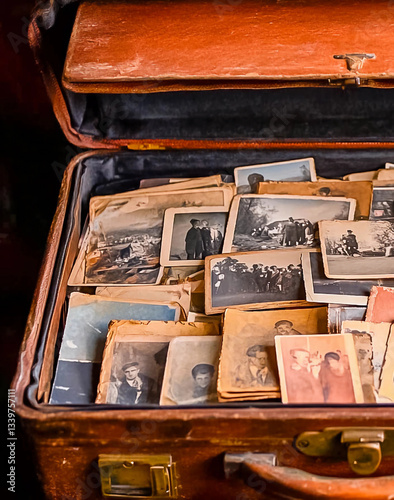 Lots of vintage photos in an old suitcase. Old photos