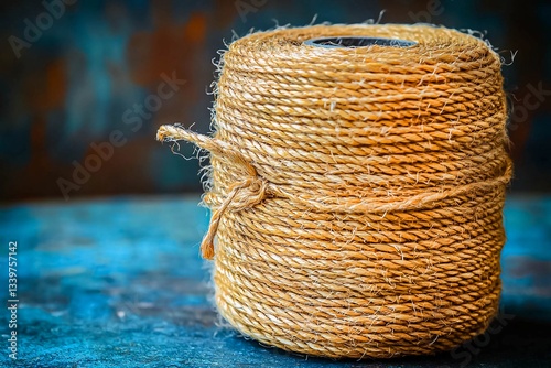 Natural twine roll on a rustic wooden surface with a teal background in a cozy setting