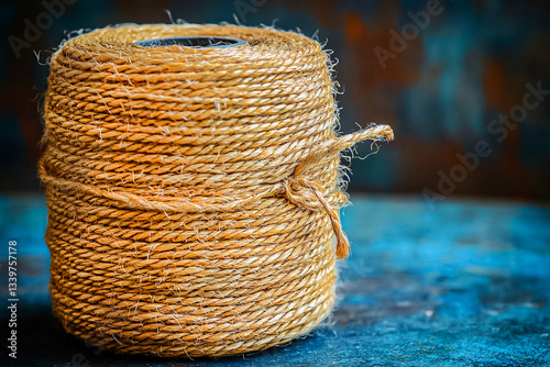 Natural twine roll on a rustic wooden surface with a teal background in a cozy setting