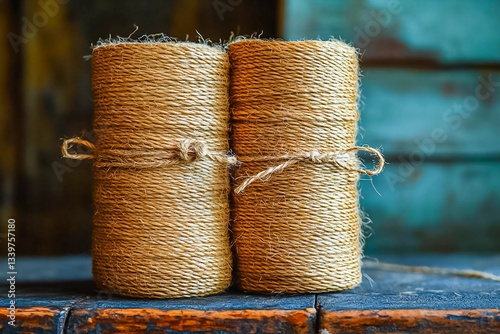 Natural twine rolls on a rustic wooden surface with a teal background in a cozy setting