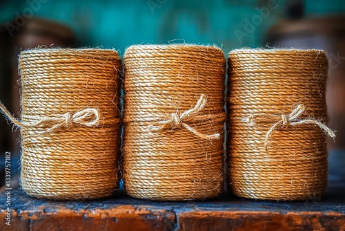 Natural twine rolls on a rustic wooden surface with a teal background in a cozy setting