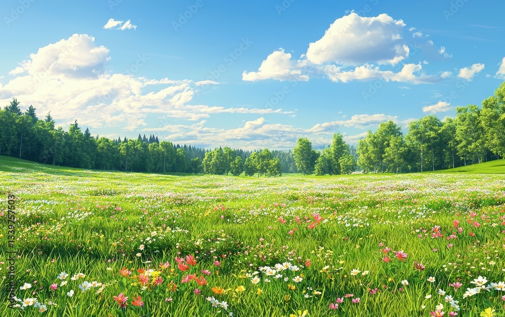 Fototapeta premium Vast green field with wildflowers and a distant forest