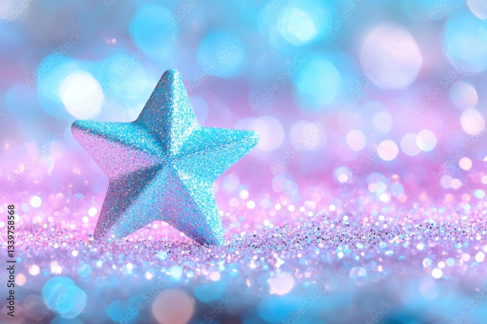 A shimmering star sparkles amidst a glittering landscape of pastel bokeh lights, creating a whimsical and magical dreamy atmosphere perfect for festive occasions.