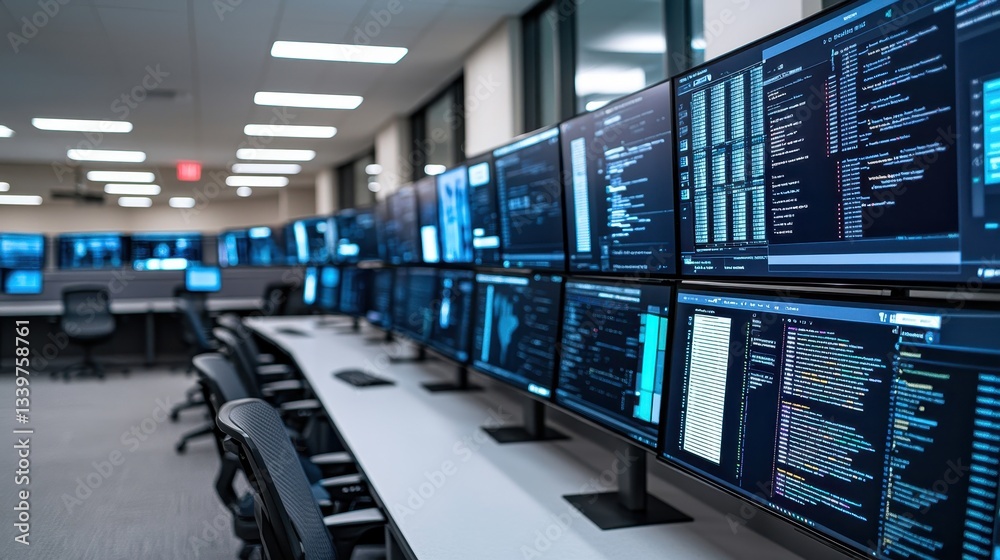 Fototapeta premium A modern workspace featuring multiple monitors displaying complex data, indicative of a high-tech environment focused on information processing.