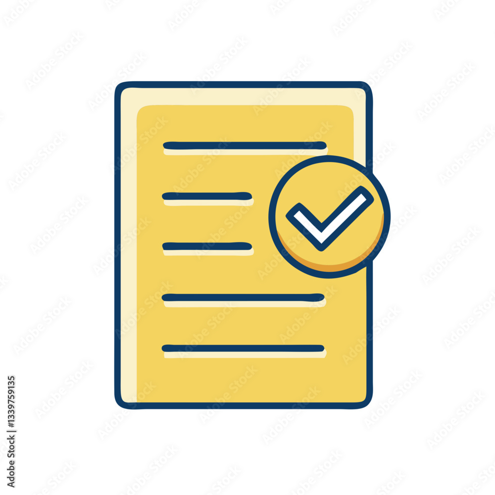 Document approval icon with checkmark in yellow and blue Document approval icon with checkmark in yellow and blue