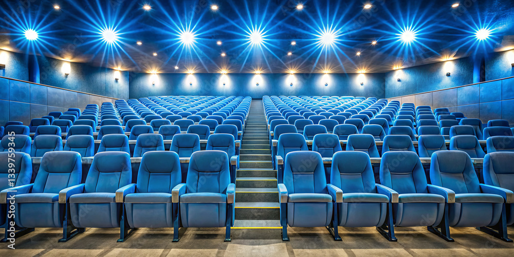 Fototapeta premium This cinema features a spacious auditorium filled with plush blue seating arranged in tiered rows. Bright overhead lights create a welcoming atmosphere for movie enthusiasts