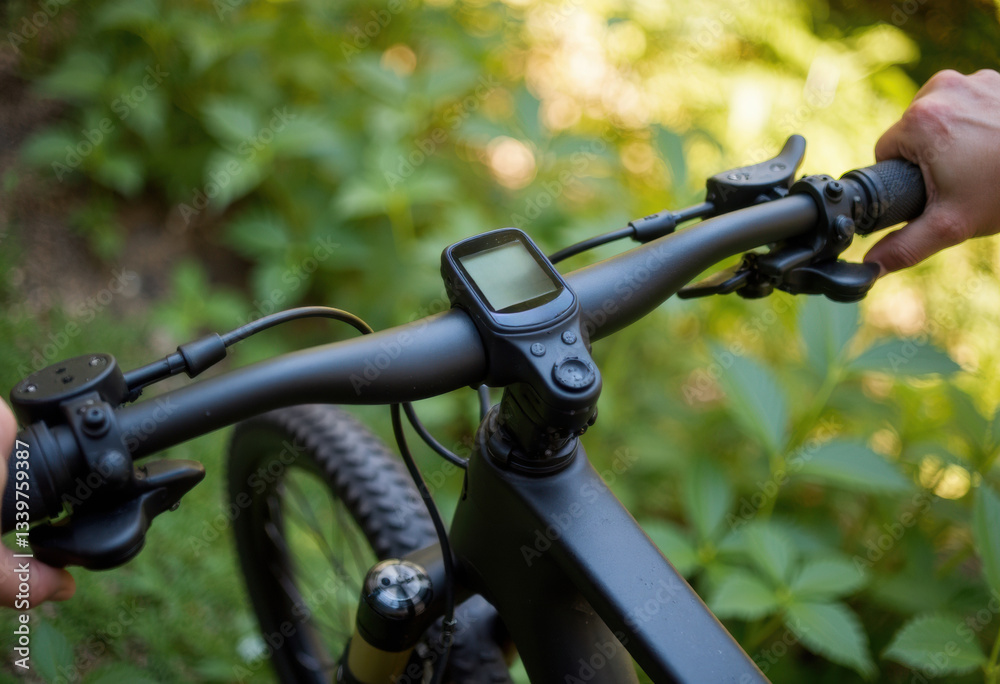 Close-up view of a mountain bike handlebar with a digital display Close-up view of a mountain bike handlebar with a digital display