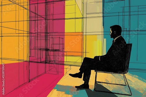 Minimalist line art, businessman with colour accents, high-tech office