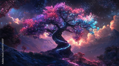 Magical Glowing Tree in Fantasy Landscape at Night with Stars