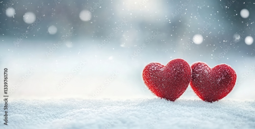 Fototapeta premium Two red hearts resting on snow during a gentle snowfall