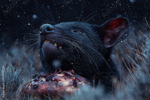 A Tasmanian devil gnawing on roadkill under a starry outback sky. Concept of scavenger roles and nocturnal survival. photo