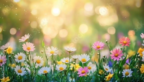 Fototapeta Naklejka Na Ścianę i Meble -  Vibrant colorful flowers in a garden, soft focus bokeh background, sunlight, springtime, bright colors, nature, daisies, petals, blooming, green grass, outdoors, summer, natural, outdoor, spring