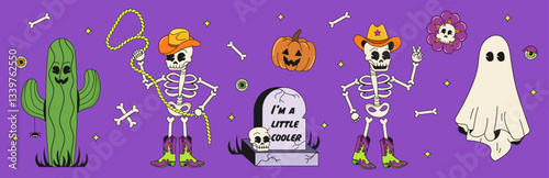 Set of vintage style Halloween characters. Cool retro skeleton and ghost character. Funky retro Halloween mascot.Happy Halloween. Spooky season.Trendy retro groovy style. Vector illustration