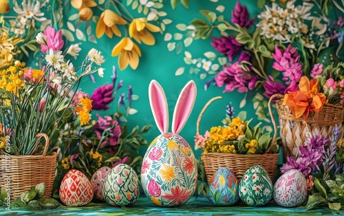 Vibrant Easter background with an egg with bunny ears in the center, placed among colorful Easter baskets and floral motifs