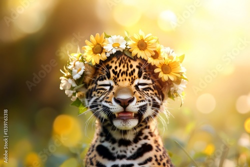 Summer happiness. Golden sunrise. Cute baby animal jaguar wearing free flower wreath on its head. Beautiful floral scene with wildlife. Summer beauty in the wild. Animal resting among flower. photo