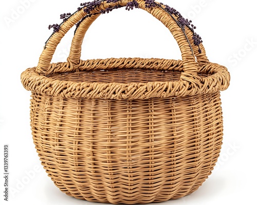 Woven Wicker Basket with Flowers and a Handle for Carrying