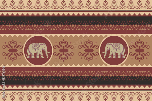 elephants pattern, Geometric, brown,
Beautiful Thailand,thai pattern,seamless,Traditional,ethnic,fabric pattern for textiles,rugs, wallpaper,clothing, sarong,batik,print,background,illustration,vector
