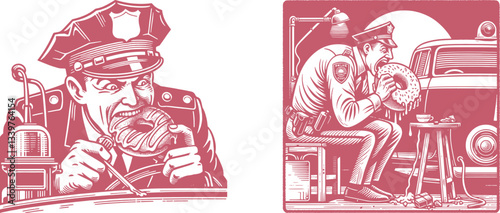 policeman biting into a donut sitting a crack car vintage color food theme engraving woodcut red color 