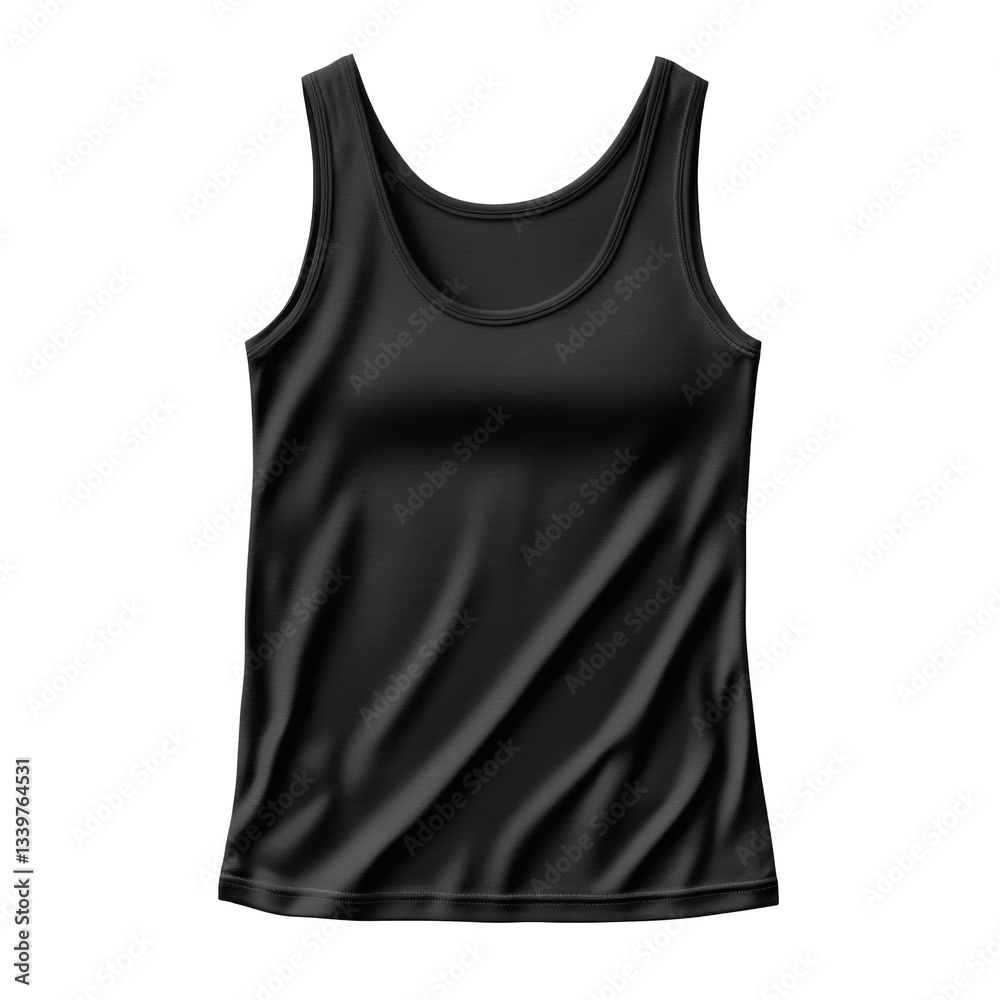 Simple black tank top on a transparent background. The garment is folded with light and shadow on the material. Clothing item for any design need. Simple black tank top on a transparent background. The garment is folded with light and shadow on the material. Clothing item for any design need.