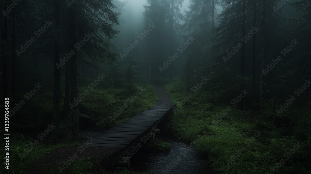 Obraz premium Mysterious Wooden Bridge in a Foggy Dark Forest 
