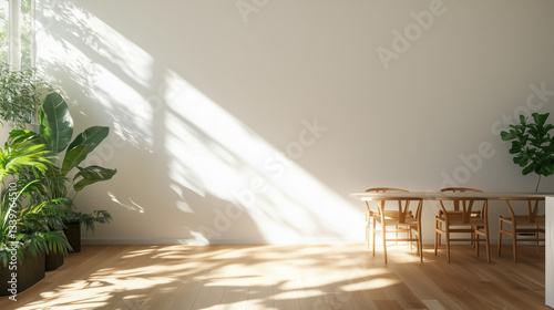 Minimalist Sunlit Interior with Wooden Furniture and Green Plants