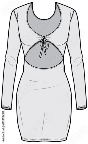 Tie Front Waist Cut Out Bodycon Short Dress  Fashion Illustration, Vector, CAD, Technical Drawing, Flat Drawing, Template, Mockup.